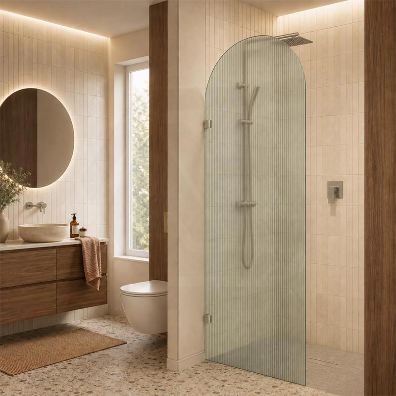 Arch Fluted Frameless Shower Screen Fixed Panel 10mm Tempered Glass 700/800/900/1000x2200mm - Variant Colour Fittings