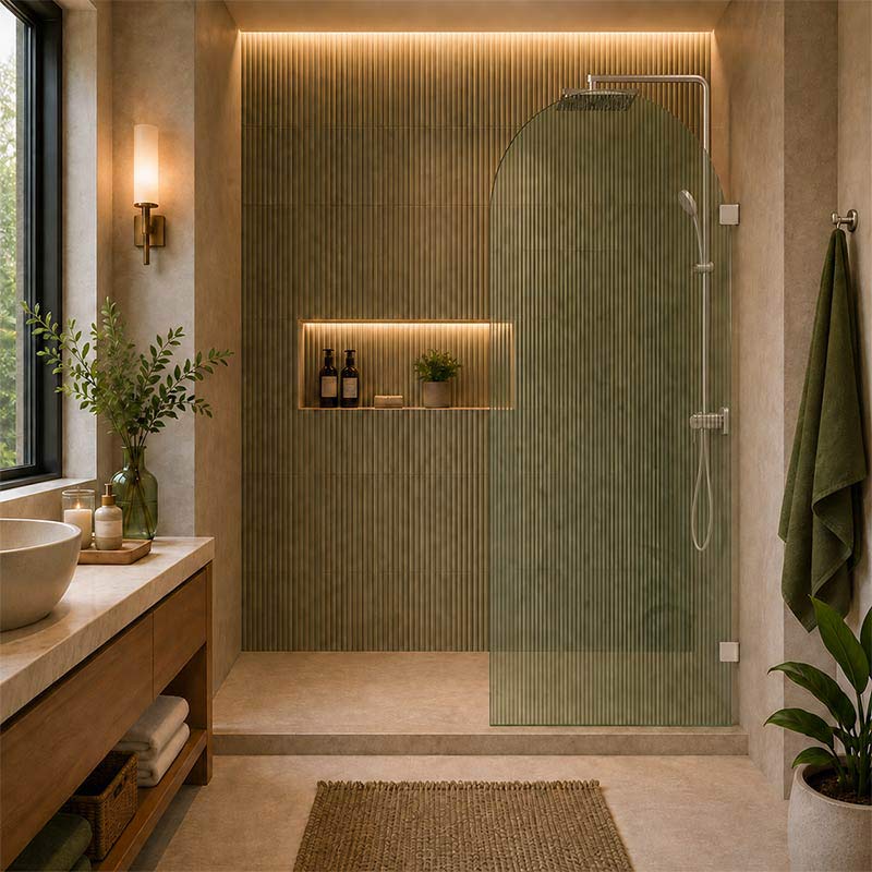 Arch Fluted Frameless Shower Screen Fixed Panel 10mm Tempered Glass 700/800/900/1000x2200mm - Variant Colour Fittings