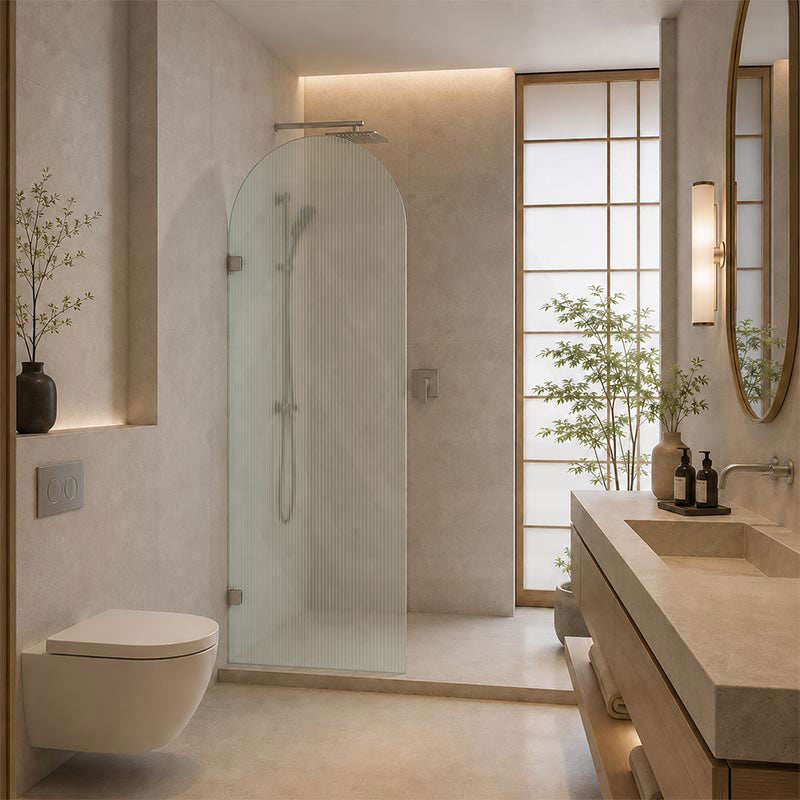 Arch Fluted Frameless Shower Screen Fixed Panel 10mm Tempered Glass 700/800/900/1000x2200mm - Variant Colour Fittings