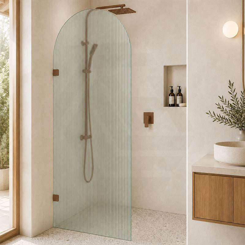Arch Fluted Frameless Shower Screen Fixed Panel 10mm Tempered Glass 700/800/900/1000x2200mm - Variant Colour Fittings