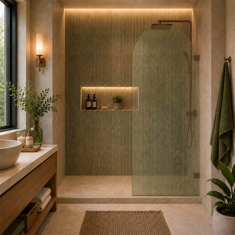 Arch Fluted Frameless Shower Screen Fixed Panel 10mm Tempered Glass 700/800/900/1000x2200mm - Variant Colour Fittings
