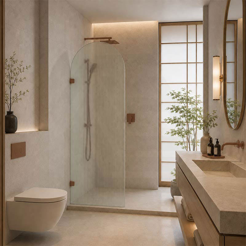 Arch Fluted Frameless Shower Screen Fixed Panel 10mm Tempered Glass 700/800/900/1000x2200mm - Variant Colour Fittings