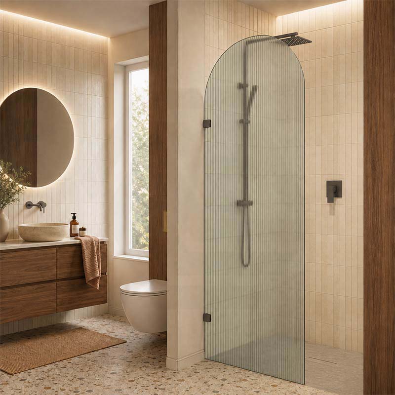Arch Fluted Frameless Shower Screen Fixed Panel 10mm Tempered Glass 700/800/900/1000x2200mm - Variant Colour Fittings