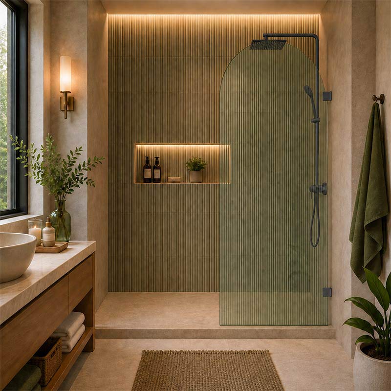 Arch Fluted Frameless Shower Screen Fixed Panel 10mm Tempered Glass 700/800/900/1000x2200mm - Variant Colour Fittings