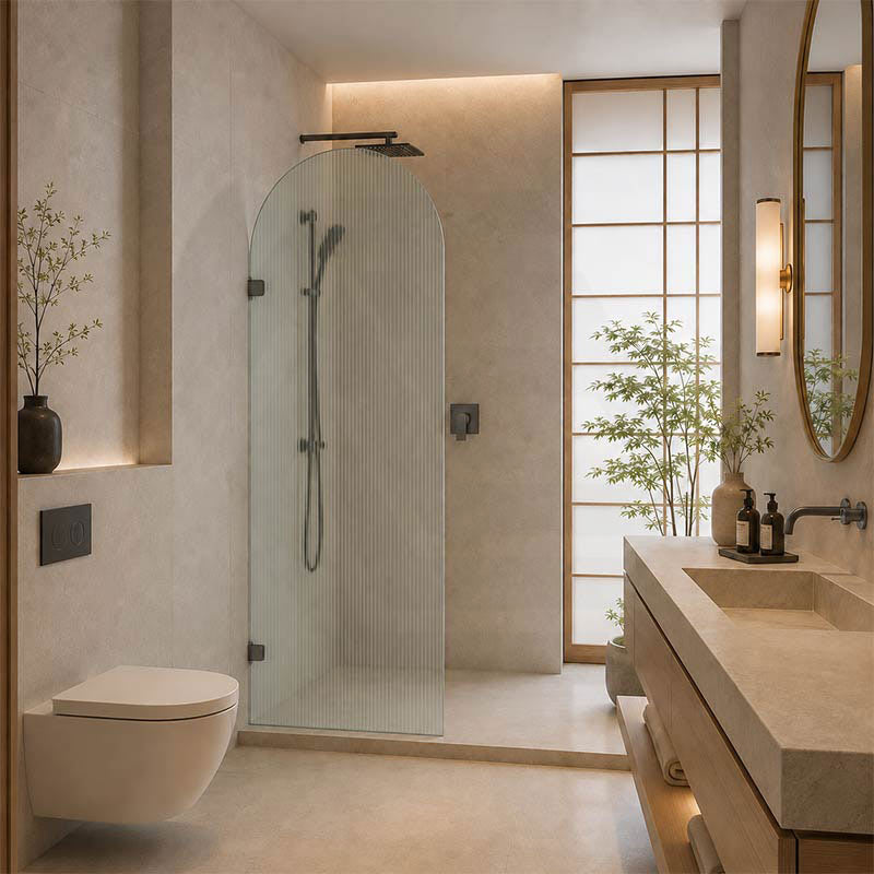 Arch Fluted Frameless Shower Screen Fixed Panel 10mm Tempered Glass 700/800/900/1000x2200mm - Variant Colour Fittings