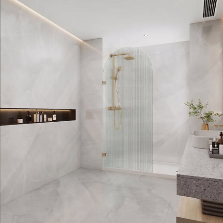 Arch Fluted Frameless Shower Screen Fixed Panel 10mm Tempered Glass 700/800/900/1000x2200mm - Variant Colour Fittings