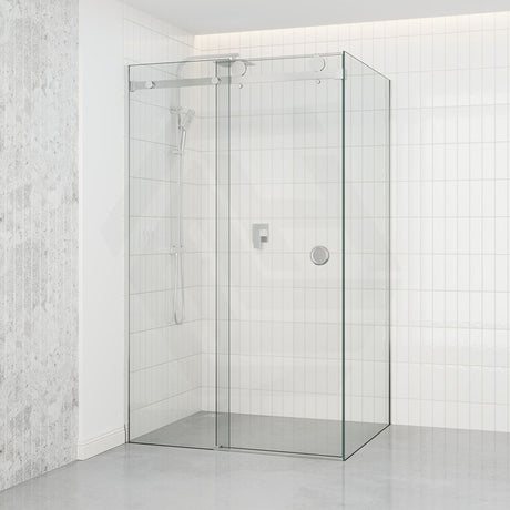 Tempered Glass Frameless L Shape Shower Screen Sliding Round Handle Chrome