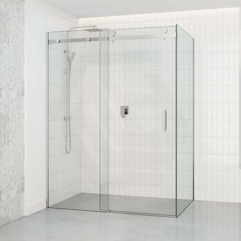 Tempered Glass Frameless L Shape Shower Screen Sliding Square Handle Chrome