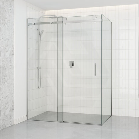 Tempered Glass Frameless L Shape Shower Screen Sliding Square Handle Chrome