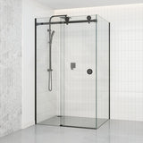Tempered Glass Frameless L Shape Shower Screen Sliding Round Handle Black