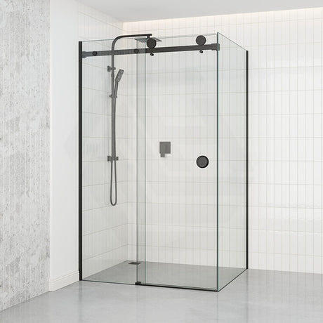 Tempered Glass Frameless L Shape Shower Screen Sliding Round Handle Black