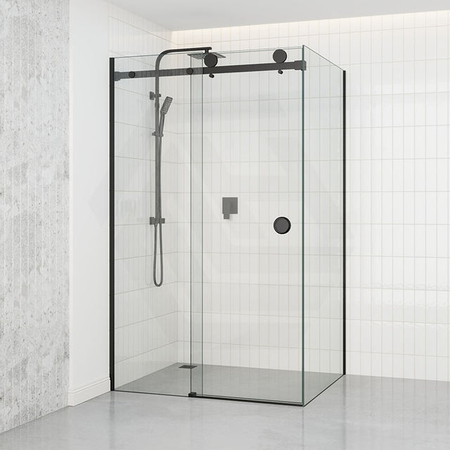 Tempered Glass Frameless L Shape Shower Screen Sliding Round Handle Black
