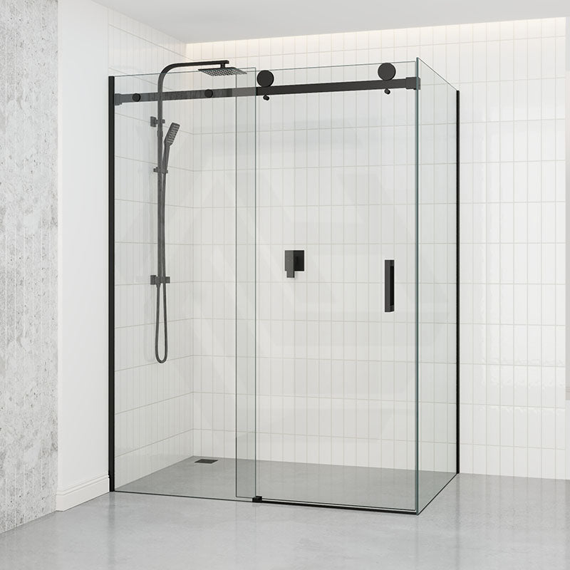 Tempered Glass Frameless L Shape Shower Screen Sliding Square Handle Black