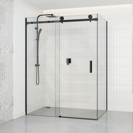 Tempered Glass Frameless L Shape Shower Screen Sliding Square Handle Black