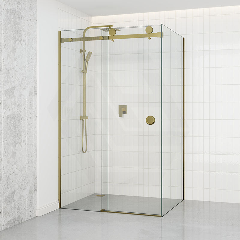 Tempered Glass Frameless L Shape Shower Screen Sliding Round Handle Brushed Gold