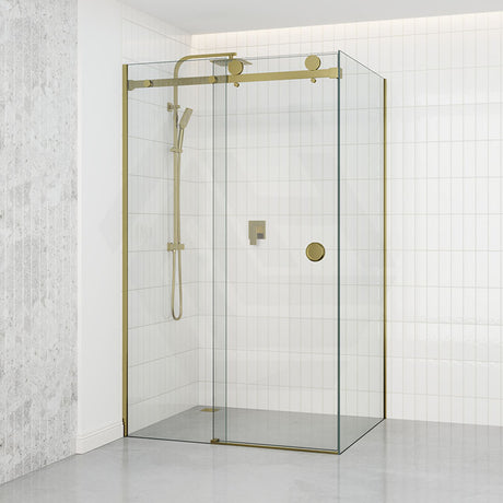 Tempered Glass Frameless L Shape Shower Screen Sliding Round Handle Brushed Gold