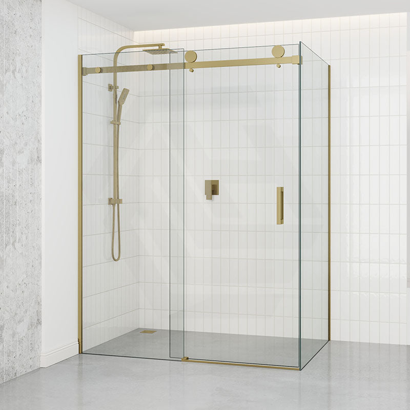 G#1(Gold) 1180-2000x2000mm Sliding Shower Screen L Shape Frameless Brushed Gold Square Handle 10mm Glass