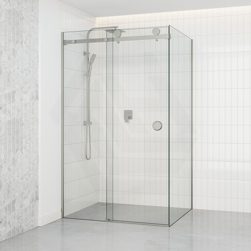 Tempered Glass Frameless L Shape Shower Screen Sliding Round Handle Brushed Nickel