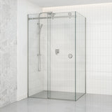 Tempered Glass Frameless L Shape Shower Screen Sliding Round Handle Brushed Nickel
