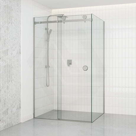 Tempered Glass Frameless L Shape Shower Screen Sliding Round Handle Brushed Nickel