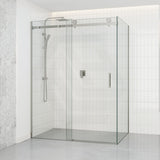 Tempered Glass Frameless L Shape Shower Screen Sliding Square Handle Brushed Nickel