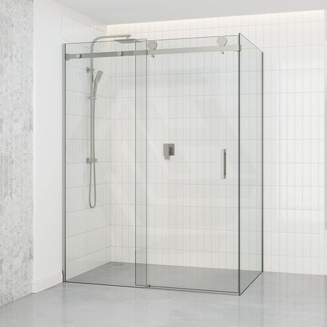 Tempered Glass Frameless L Shape Shower Screen Sliding Square Handle Brushed Nickel