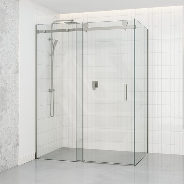 Tempered Glass Frameless L Shape Shower Screen Sliding Square Handle Brushed Nickel