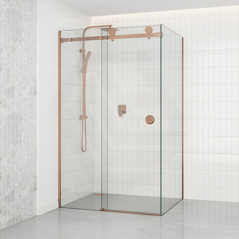 870-1180x2000mm Brushed Bronze Sliding Shower Screen L Shape Frameless Square Rail 10mm Glass Embedded Circle Handle