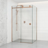 870-1180x2000mm Brushed Bronze Sliding Shower Screen L Shape Frameless Square Rail 10mm Glass Embedded Circle Handle