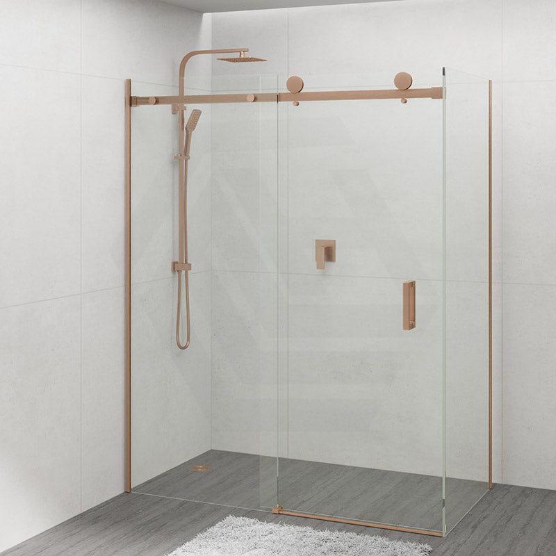 1180-2000x2000mm Sliding Shower Screen L Shape Frameless Brushed Bronze Square Handle 10mm Glass