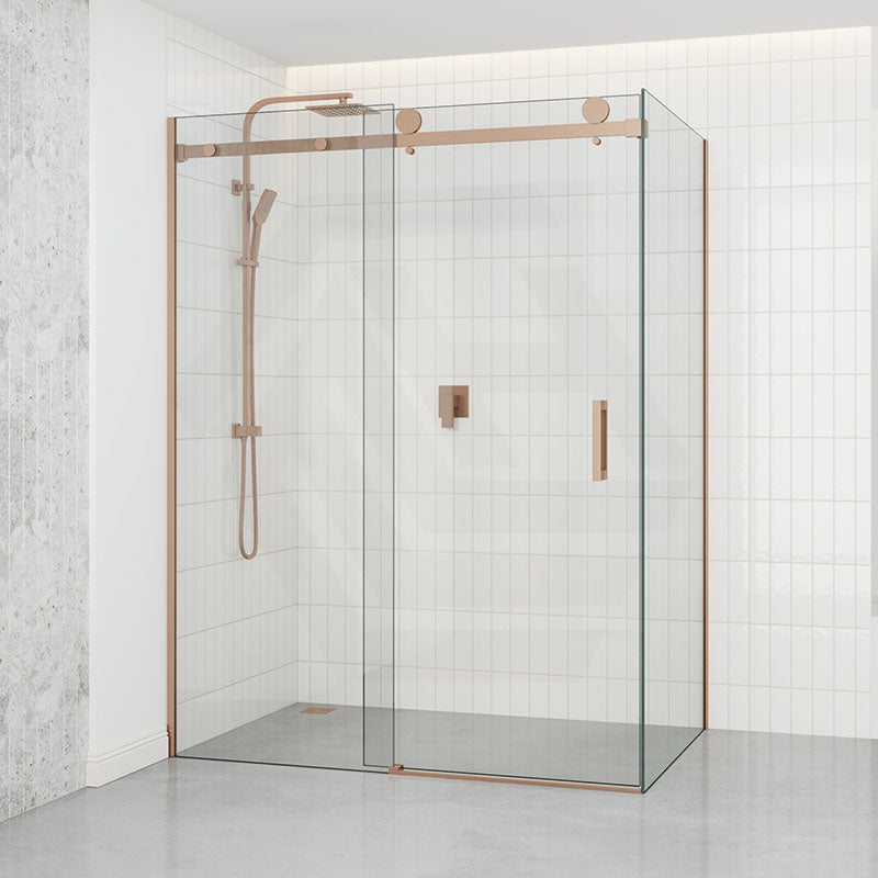 1180-2000x2000mm Sliding Shower Screen L Shape Frameless Brushed Bronze Square Handle 10mm Glass