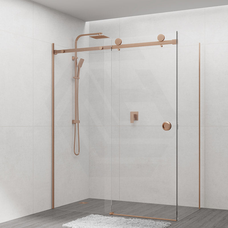 870-1180x2000mm Brushed Bronze Sliding Shower Screen L Shape Frameless Square Rail 10mm Glass Embedded Circle Handle