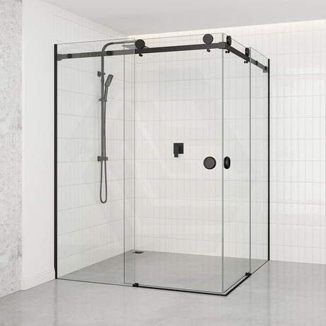 870-1450Mm Shower Screen Matt Black Frameless Double Sliding 10Mm Glass 2000Mm Height Screens
