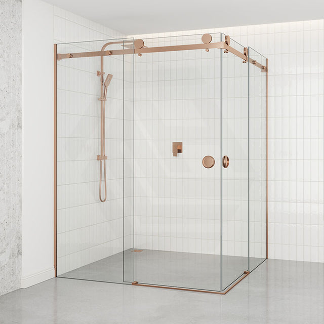 870-1450mm Shower Screen Brushed Bronze Frameless Double Sliding 10mm Glass 2000mm Height