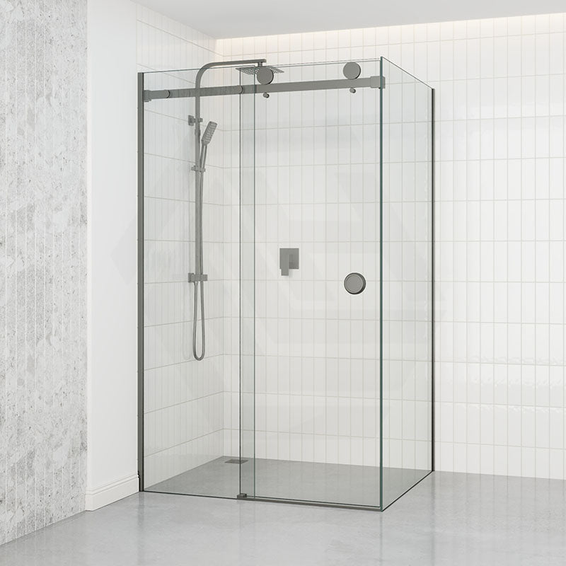 Tempered Glass Frameless L Shape Shower Screen Sliding Round Handle Gunmetal Grey