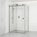 Tempered Glass Frameless L Shape Shower Screen Sliding Round Handle Gunmetal Grey