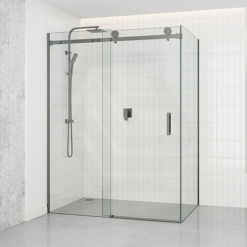 Tempered Glass Frameless L Shape Shower Screen Sliding Square Handle Gunmetal Grey