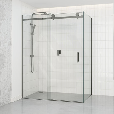 Tempered Glass Frameless L Shape Shower Screen Sliding Square Handle Gunmetal Grey