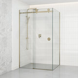 G#9(Gold) 870-1180x2000mm Light Gold Sliding Shower Screen L Shape Frameless Square Rail 10mm Glass Embedded Circle Handle