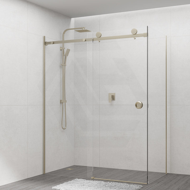 G#9(Gold) 870-1180x2000mm Light Gold Sliding Shower Screen L Shape Frameless Square Rail 10mm Glass Embedded Circle Handle