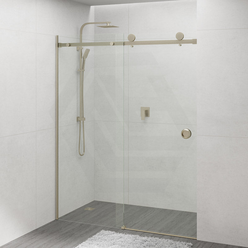 870-1180x2000mm Wall to Wall Sliding Shower Screen Frameless Variant Colour Stainless Steel Square Rail 10mm Glass Round Handle