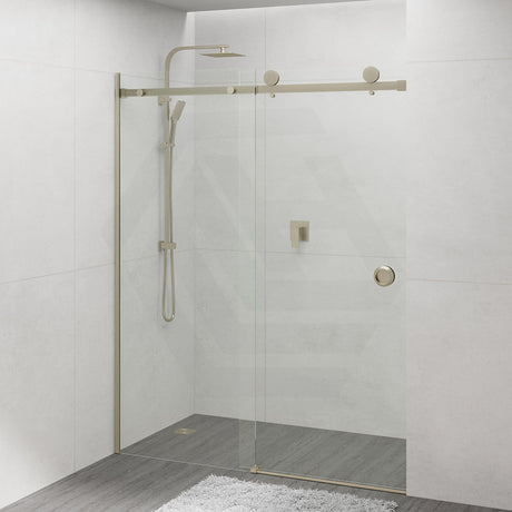 870-1180x2000mm Wall to Wall Sliding Shower Screen Frameless Variant Colour Stainless Steel Square Rail 10mm Glass Round Handle