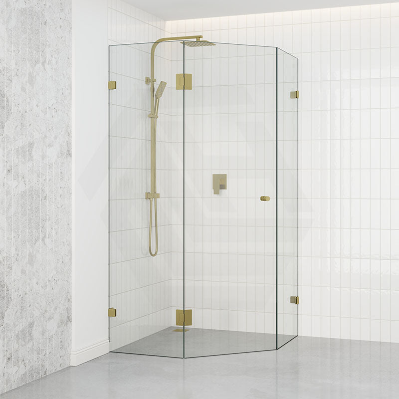 Tempered Glass Frameless Shower Screen Diamond Shape Pivot Door Brushed Gold