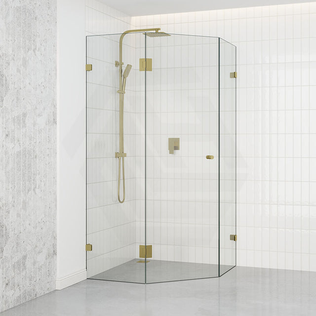 Tempered Glass Frameless Shower Screen Diamond Shape Pivot Door Brushed Gold