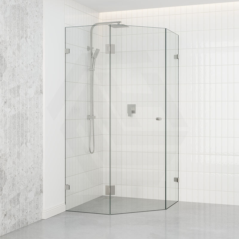 Tempered Glass Frameless Shower Screen Diamond Shape Pivot Door Brushed Nickel