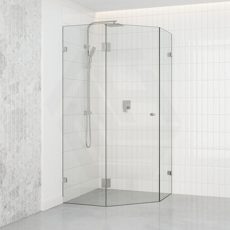 Tempered Glass Frameless Shower Screen Diamond Shape Pivot Door Brushed Nickel