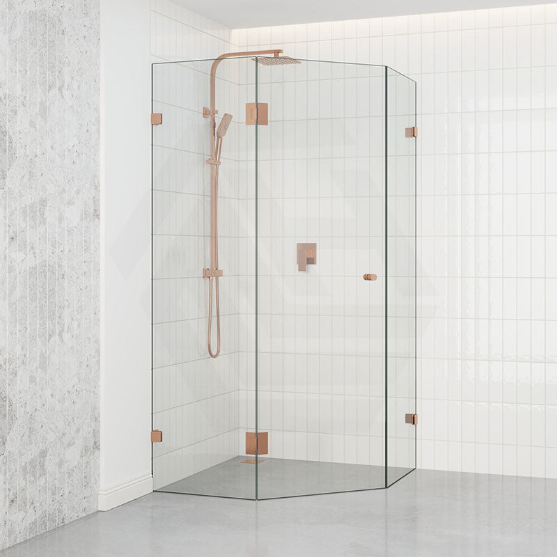 800~1150mm Diamond Shape Shower Screen Pivot Door Brushed Bronze Frameless 10mm Glass 2000mm Height