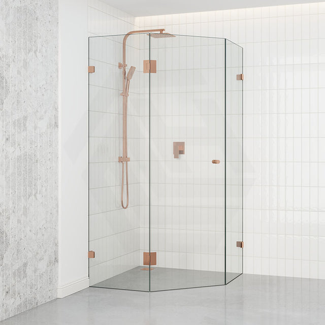 800~1150mm Diamond Shape Shower Screen Pivot Door Brushed Bronze Frameless 10mm Glass 2000mm Height