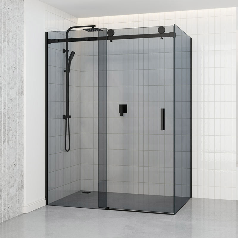 Grey Glass Frameless Shower Screen L Shape Sliding Return Panel Black Rail