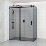 Grey Glass Frameless Shower Screen L Shape Sliding Return Panel Black Rail